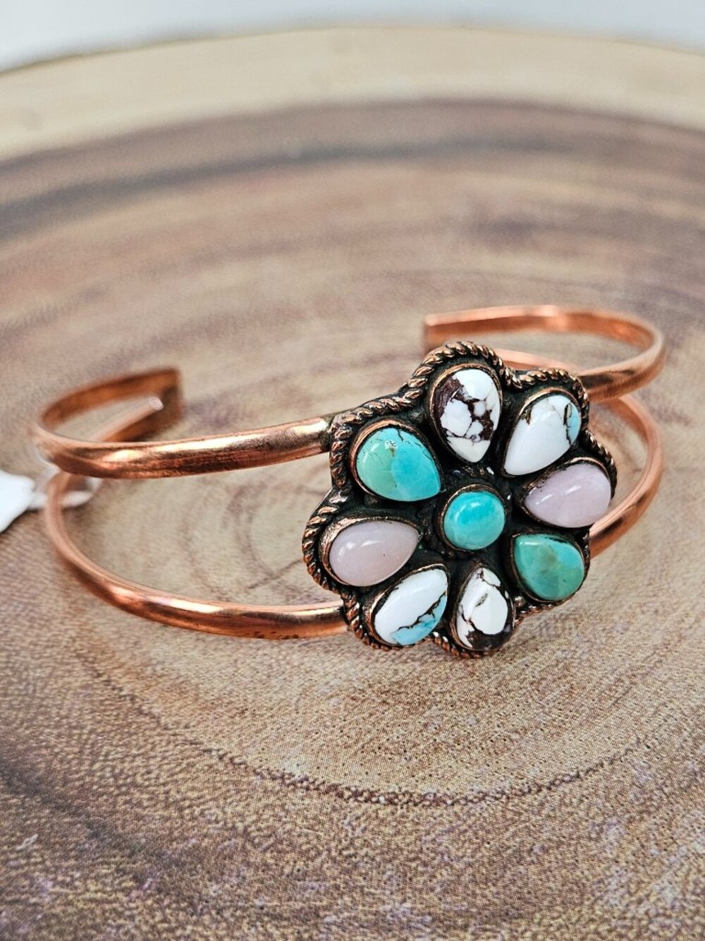 NWT Copper Multi Stone Turquoise Flower Cluster Double Band Cuff 6.5"-7.5"